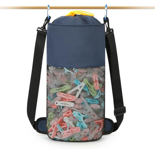 GNEGNI LIFE Sacchetto per mollette da bucato, grande rete da appendere, con gancio e tracolla, contiene 500 mollette, borsa portatile per mollette ad asciugatura rapida, Blu scuro, Sacchetto per