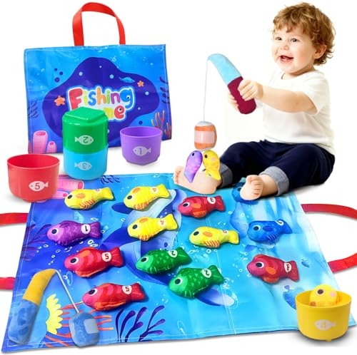 Pmueuff Juguetes Niños 1 Año, Juego Pesca de Tela con 15 Peces Colorido y 5 Taza Apilables Juguetes Montessori 1 Años Educativos Juguete Bebes Clasificación de Colores Regalos para Bebés 1 2 3 Años