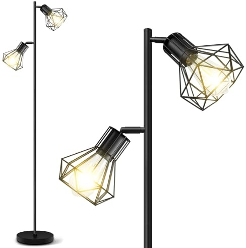 BBHome Lampada da terra per soggiorno, lampada da terra industriale a 2 luci con paralume a gabbia in metallo, E27 Lampade da terra rustiche per camera da letto, ufficio, nero (lampadina non inclusa)