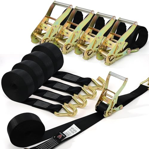 4 Pack 2 Inch Ratchet Straps Heavy Duty, 10,000 LBS Break Strength, 2 x 20' Heavy Duty Cargo Straps with Double J Hooks, Cargo Tie Down Straps Perfect for Truck, Trailers, Moving Appliances(Black)