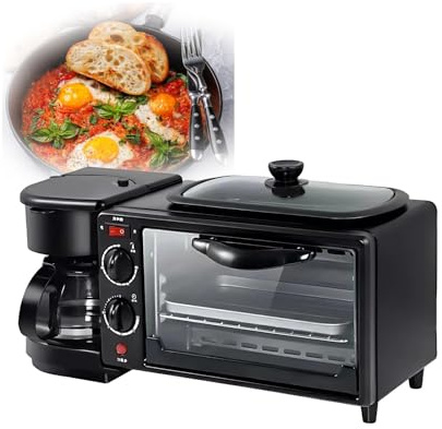 Multifunktionell 4-I-1 Frukostmaskin Med Mini Ugn 7L, Kaffebryggare 4 Koppar, Grillpanna Non-stick Och Brödrost, Perfekt För Små Kök Och Studentrum