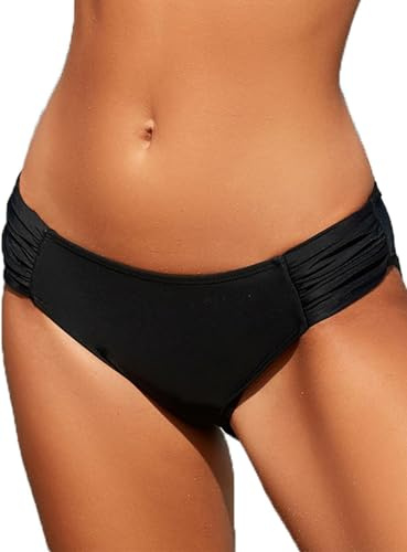 Womens Low Rise Black Bikini Bottoms Full Coverage Ruched Swimsuits Swimwear Bathing Suit Bottom（Black,M）