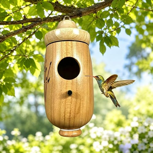 Casa de colibrí de madera – Casa de colibrí para colgar en el exterior, kit de nido de pájaros pequeños de madera natural para colgar en exteriores, caja de anidación de pájaros pequeños, regalos de