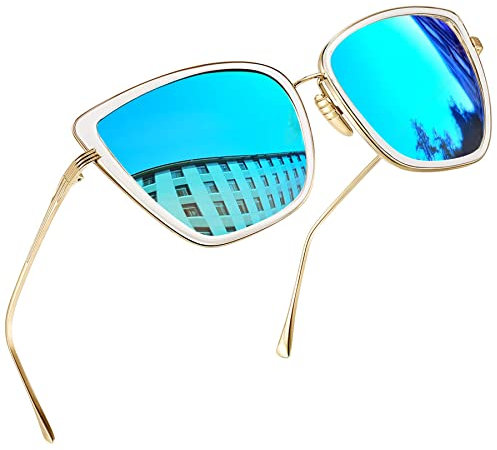 Joopin Espejo Azul Gafas de Sol Mujer Cateye Ojos de Gato Grandes Metálicas