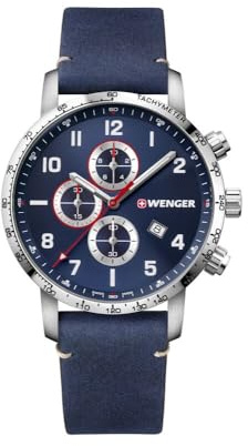 Wenger Relojes Hombre Attitude Cronografo Ø 44mm, Suizos, Cuarzo, Impermeable 100m, Acero Inoxidable, Brazalete de Cuero, Cristal de Zafiro, Azul, 01.1543.109