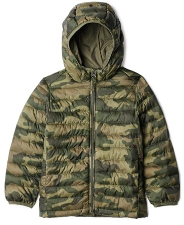 Amazon Essentials Doudoune à Capuche Légère, Paquetable et Résistante à L’Eau Garçon, Imprimé Motifs Camouflage, 8 ans