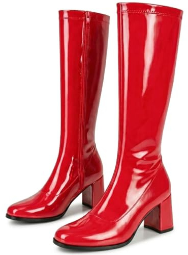 Golden Beads Womens Fancy Dress Party Go Go 1960s & 1970s Retro Look Girls Shoes Costume Heels Boots Zip Closure Size 3-12uk (Red, 9 UK, UK Footwear Size System, Adult, Women, Numeric, Medium, 9)