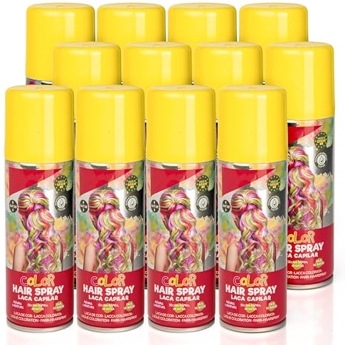 Pack 12 Laca de Pelo Color Amarillo 125ml - Spray Colores para Cabello Rápida coloración, Lavable
