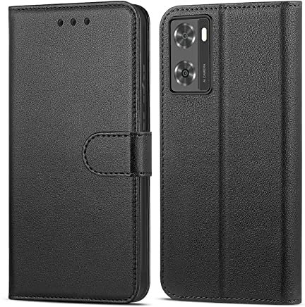 NWNK13 For Oppo A57 / A77 / A57S Case Leather Wallet Book Flip Stand View Phone Cover with Card Holder Slots Compatible with Oppo A77S (Black)