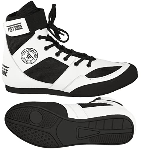 FISTRAGE Boxing Shoes Leather Kick Fighting Training Mesh Unisex Pro Men's and Youth Genuine Light Weight Boot | Shoe for Adults (White-Black, 7)