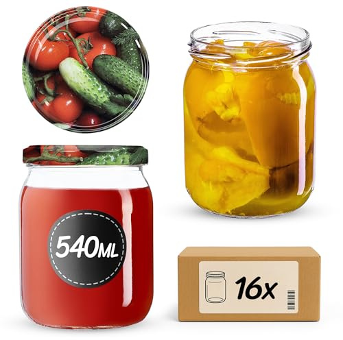 KADAX Syltburkar 540 ml, konserveringsburkar med skruvlock, glas med skruvlock, konserveringsburkar, förvaringsburkar för insättning av gurkor (16 stycken, grönsaker)