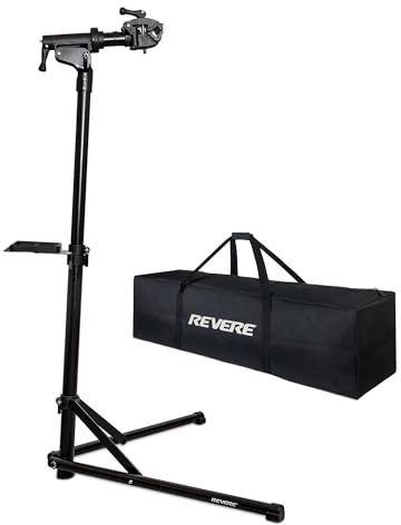 Revere Bike Repair Stand With Storage Bag - Heavy Duty Bicycle Work Stand, Adjustable Height, Rotating Clamp, Magnetic Tool Tray