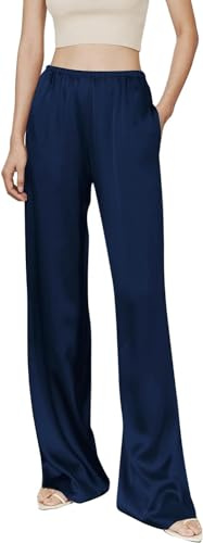 Kkaebi Pantaloni Di Satin Setosi Da Donna - Pantaloni A Gamba Larga Vita Alta Elastica Pantaloni Lunghi Fluidi Pantaloni Da Lounge Con Tasche
