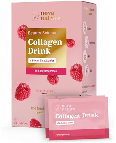 Beauty Collagen Drink (Collagen Pulver + Zink, Biotin, Kupfer) - 5 g Kollagen Hydrolysat Peptide Type I, II & III pro Tag - mit Himbeergeschmack, Kollagen Komplex für Inner Beauty - von NovaNature®