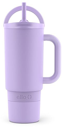 Ello Port 30oz Tumbler with Carry Loop & Integrated Handle | Vacuum Insulated Stainless Steel Reusable Water Bottle Travel Mug | Leak Proof Lid | Flexible Straw | BPA-Free | Dishwasher Safe | Lilac