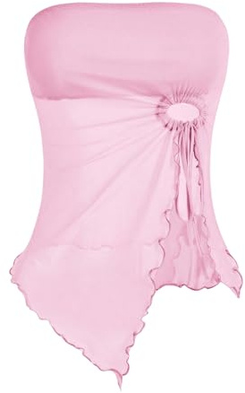 GORGLITTER Tubtopp, crop top av mesh för damer, axelbandslös topp, Y2k-topp med vågfåll, axellös, sommartopp med slits, ROSA, M