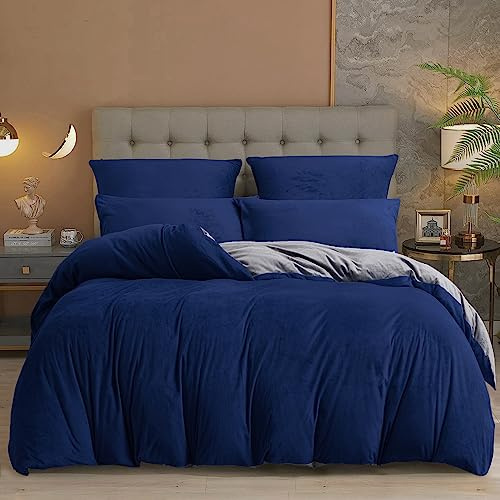 YASMENG Funda de Edredón de Franela 220x240 Invierno Cálida Gris Oscuro Azul Polaca Juego de Cama de Franela Suave y Acolchado Edredón Ropa de Cama para 2 Personas con Cremallera y Fundas de Almohada