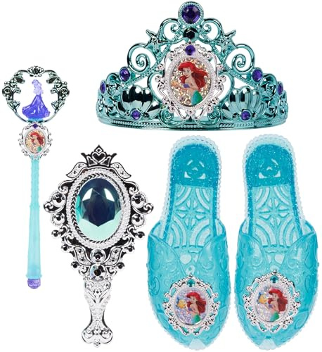 Disney Princess Dress Up Accessory Set Ariel Tiara, Shoes, Wand and Comb Set for Little Girls Role Play Time Costume Toys for 3-6 Years