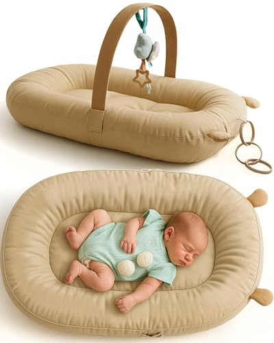 SplashEZ Baby Lounger Pillow for Newborn, Baby Nest & Infant Play Gym, 100% Organic Cotton, Breathable, Lightweight & Portable 3D Mesh Pillow for Awake Time Only (Toys NOT Included), Camel