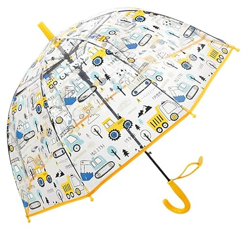 Kids Bubble Umbrella - Transparent Dome Canopy for Children's Safety | Windproof & Auto-Open Design | Toddler Umbrella for Girls & Boys (Yellow Digger)
