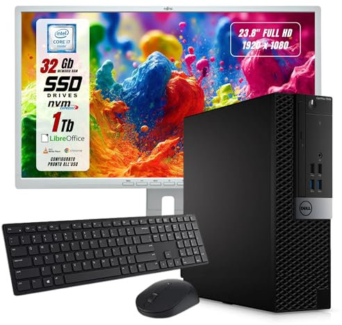 Postazione Completa, Pc Desktop Dell Intel i5-7500 4 Core, Ram 32Gb SSD 1000Gb, Monitor 24 FHD, Libre Office, Compreso di Mouse e Tastiera (Ricondizionato)