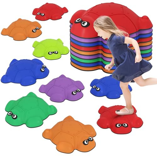 AIYAPLAY Balance Stepping Stones, 9-Piece Turtle-Shaped Stackable River Stones with Non-Slip Edge, Indoor Outdoor Obstacle Course for Kids Age 3-8 Years, Multicoloured