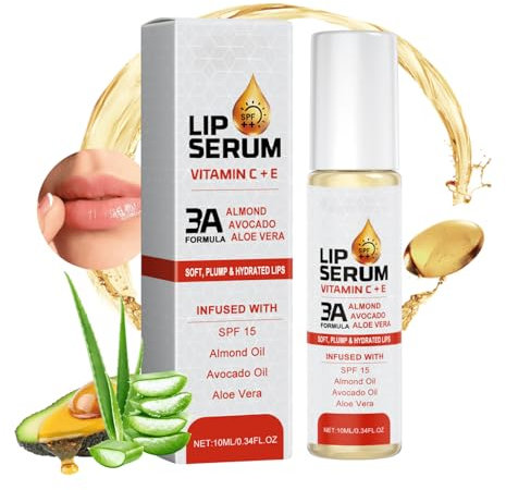 Lip Serum SPF 15, Lip Oil für Intensive Feuchtigkeit, Lippenöl mit Vitamin C+E, Lippenbalsam Kreieren sie Prall Lip, Lippenpflege für Sehr Trockene Lippen, Glättet Tiefe Lippenfalten, Transparent