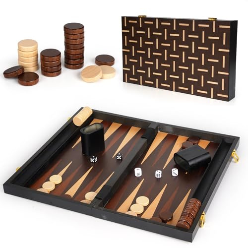 15 Wooden Backgammon Board Game Set for Adults and Kids - Portable and Travel Backgammon Set Family Game Night Vintage Backgammon Strategy Game- Classic Board Strategy Game