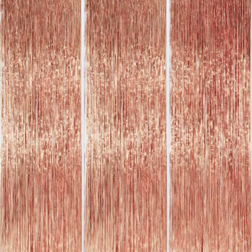 PartyWoo Rose Gold Foil Fringe 8.2FT 3pcs Tinsel Backdrop Streamers