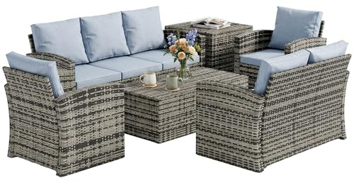 Outsunny 6 Pieces Rattan Garden Furniture Set 7 Seater with Cushions Grey