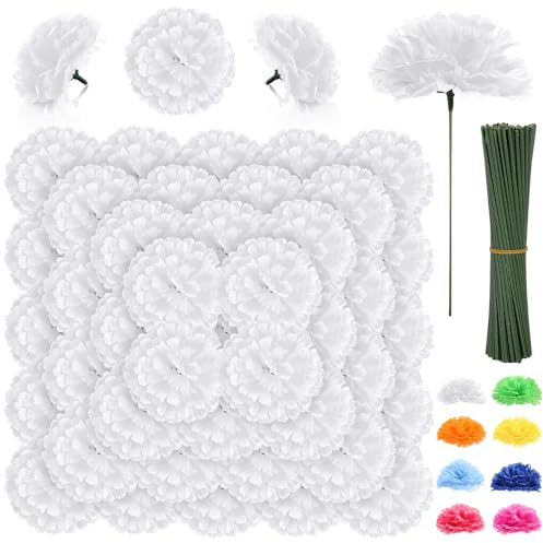 LELEE 108pcs Carnation Head Flowers with Stem, White Artificial Carnations Flowers Bulk, White Silk Carnation Fake Flower for Wedding Bouquet Table Centerpieces Funeral Cemetery Gravesite Decor