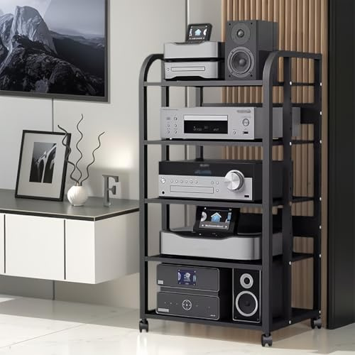 OVZXSD 5 Tier Av Media Stand with Wheels, 39in Adjustable Audio Rack