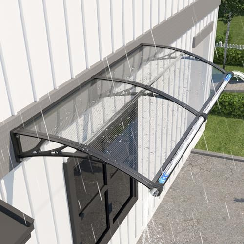 GUANSU Vordach für Haustür 100x240 cm, Überdachung Haustür aus Polycarbonat, Transparentes Pultbogenvordach – Schützt vor Regen Schnee für Terrasse, Veranda Fenster