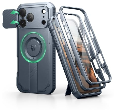 Dexnor per Magnetica Cover iPhone 17 Pro Max con Fotocamera Copertura Scorrevole & Supporto Pieghevole & Protezione Schermo Integrata, Resistente Robuste Protezione Custodie - Blu Marino