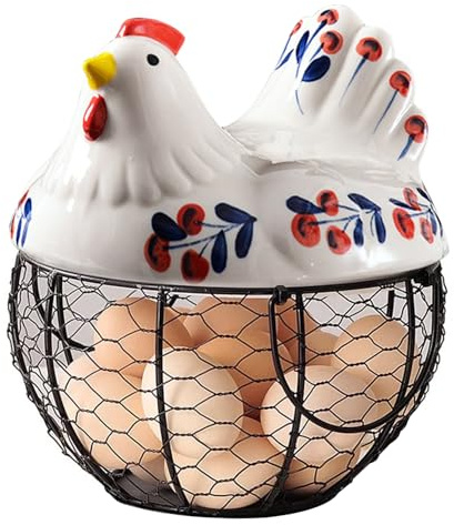 Soporte de huevo de gallina de cerámica, cesta de alambre hueco con base no deslizante y tapa, organizador de encimera para recoger huevos frescos