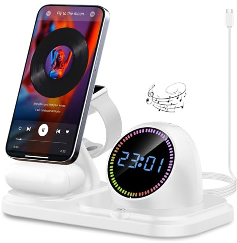 6 in 1 Wireless Charging Station,Fast iphone Charger Stand with Bluetooth,Clock,RGB LED,Wireless Charger for Multiple Devices iphone 17 16 15 14 13 12/Pro Max Plus Apple Watch AirPods Pro4//3/2-White