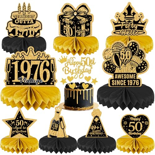 50th Birthday Party Table Decorations - Black and Gold Vintage 1976 Honeycomb Centrepieces and Cake Toppers, 17 Pcs Happy 50th Birthday Table Decorations for Men and Women