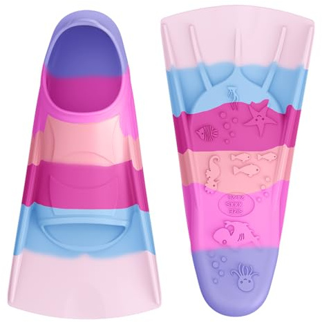 QcoQce Swimming Fins, Kids Flippers for Swimming with Soft Silicone, Bright Rainbow Short Fins for Snorkeling, Lightweight Flippers Kids for Boys Girls & Beginners - Multi-Colour