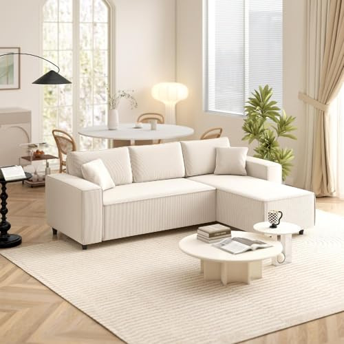 DecHome - Divano Angolare 3 Posti Moderno con Chaise Longue in Velluto Dimensioni 241x153x83 cm Colore Bianco Crema