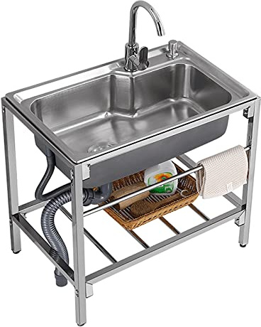 Lavello indipendente in acciaio inox con scarico, 1 scomparto, per garage, ristorante, lavanderia, interno ed esterno, 71 x 50 x 85 cm