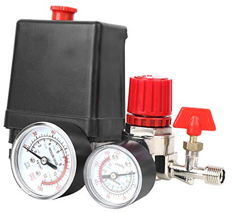 Wakects Tryckkontrollomkopplarventil 4 Hål Luftkompressor Tryckkontrollomkopplare 5 Till 8KG 90 Till 125PSI Dubbla Mätare 6 Mm Avgas för Grenrörsregulatormonteringsdelar