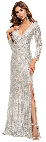 Ever-Pretty Women's V Neck Floor Length Long Sleeve Thigh High Slit Sequin Mermaid Evening Dresses Champagne 18UK