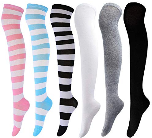 DRESHOW 6 Paires Cuissardes Chaussettes Hautes Montantes Longues Cuisse Chaussettes Dessus du Genou Jambières pour Filles et Femmes