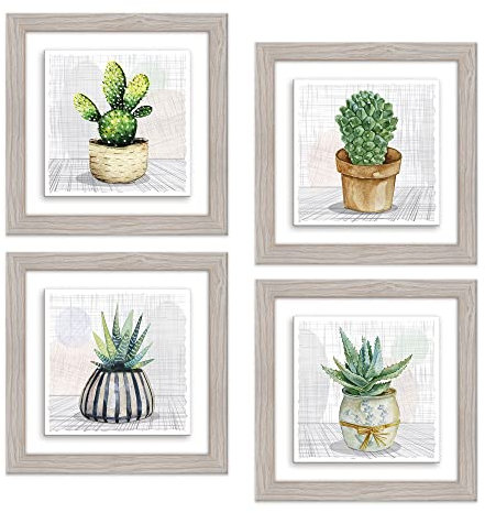 Lupia - Set 4 Quadri in Ceramica Moderna Botany con Cornice Shabby Beige, Decorazione Rilievo Vivace, per Soggiorno, Camera, Ufficio, Ideale per Regali, 18x18cm o 29x29cm, Made in Italy 18x18 cm