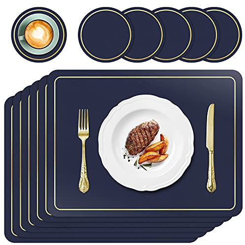 APLKER Tischsets Leder und Untersetzer, Tischsets Abwaschbar 6er Set rutschfest Platzdeckchen Leder Kunstleder Tischset Lederoptik Platzset, 42 x30 cm (Dunkelblau)