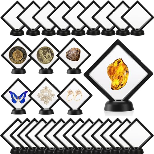 Dicunoy 30 PCS Coin Display Case Holder, 3D Floating Frame, Fossil Display Case, Black Display Frame for Antique Challenge Coins, AA Medallion, Jewelry, Shells, Fossils, Gems, Minerals, 9 x 9 x 2cm