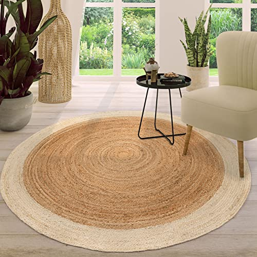 TT Home Jute Matta Sovrum Naturfibermatta Rund Boho Handgjord Ethno Bård Modernt, Färg:Elfenben, Storlek:120 cm Runda