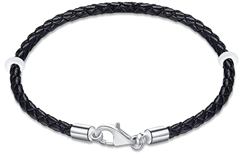 Bracelet cuir tressé noir de 18cm avec fermoir homard en argent 925, bracelet cordon en cuir véritable tissé à la main pour perles de charme pandora, pour fabrication de saint valentin perles bracelet