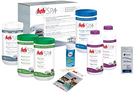 HTH Spa Coffret DE Traitement AU Chlore - 7,6kg | Kit Traitement et Entretien Complet - Désinfection Régulière et Choc + 10 Tests HPS OFFERTS 6 en 1