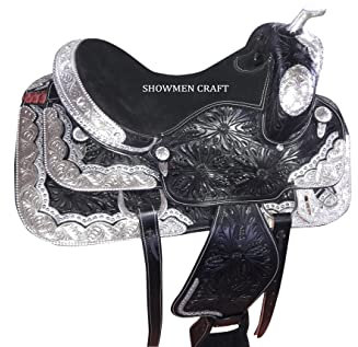 SHOWMEN CRAFT Western Saddle Fully Decorative Silver Show Outfit with Headstall & Breast Caller | (16 Inch)
